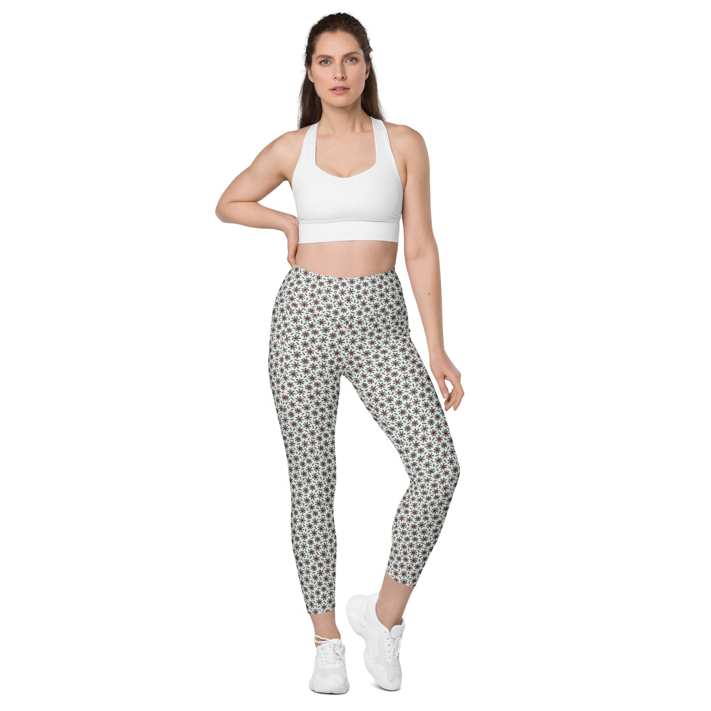 Ditsy Daisy Yoga Leggings with Pockets - Cream