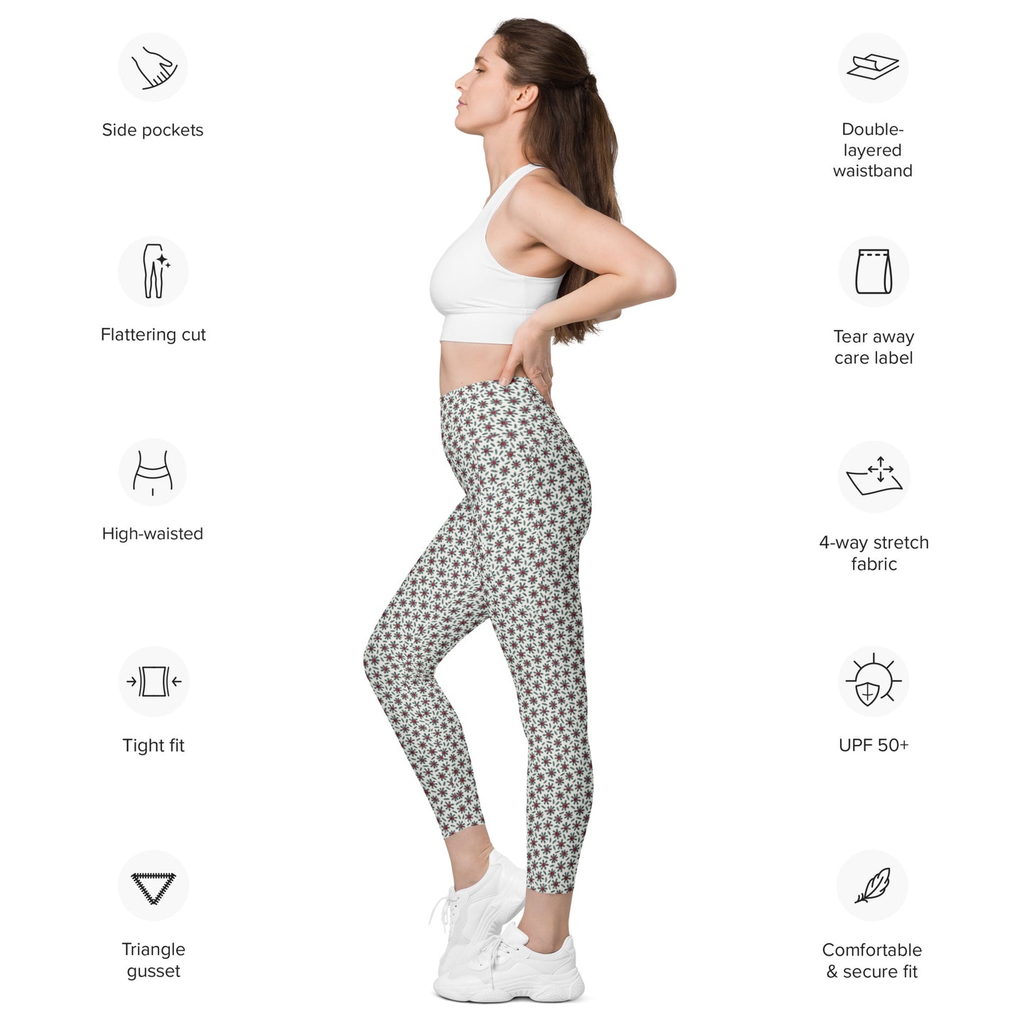 Ditsy Daisy Yoga Leggings with Pockets - Cream