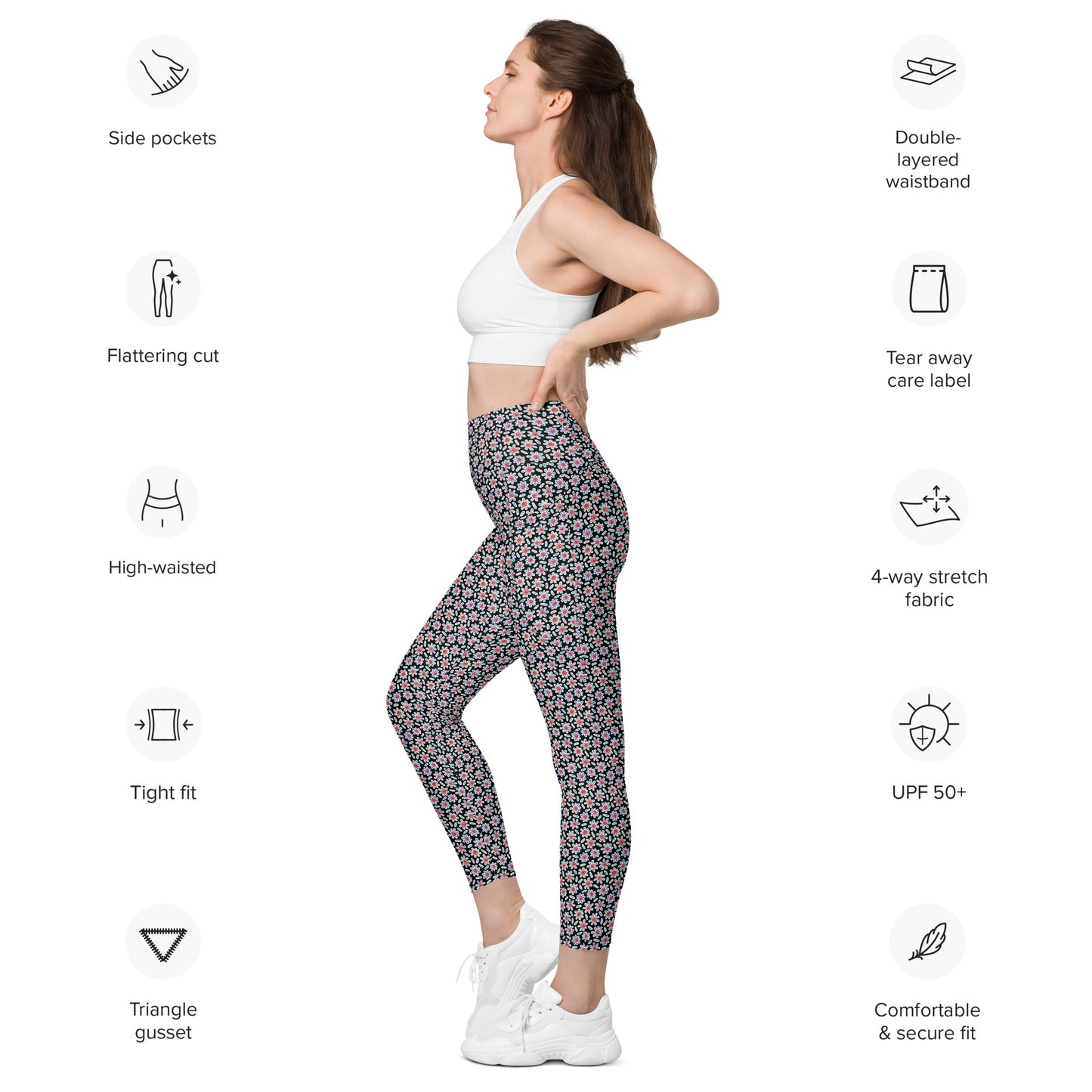 Ditsy Daisy Yoga Leggings with Pockets - Midnight