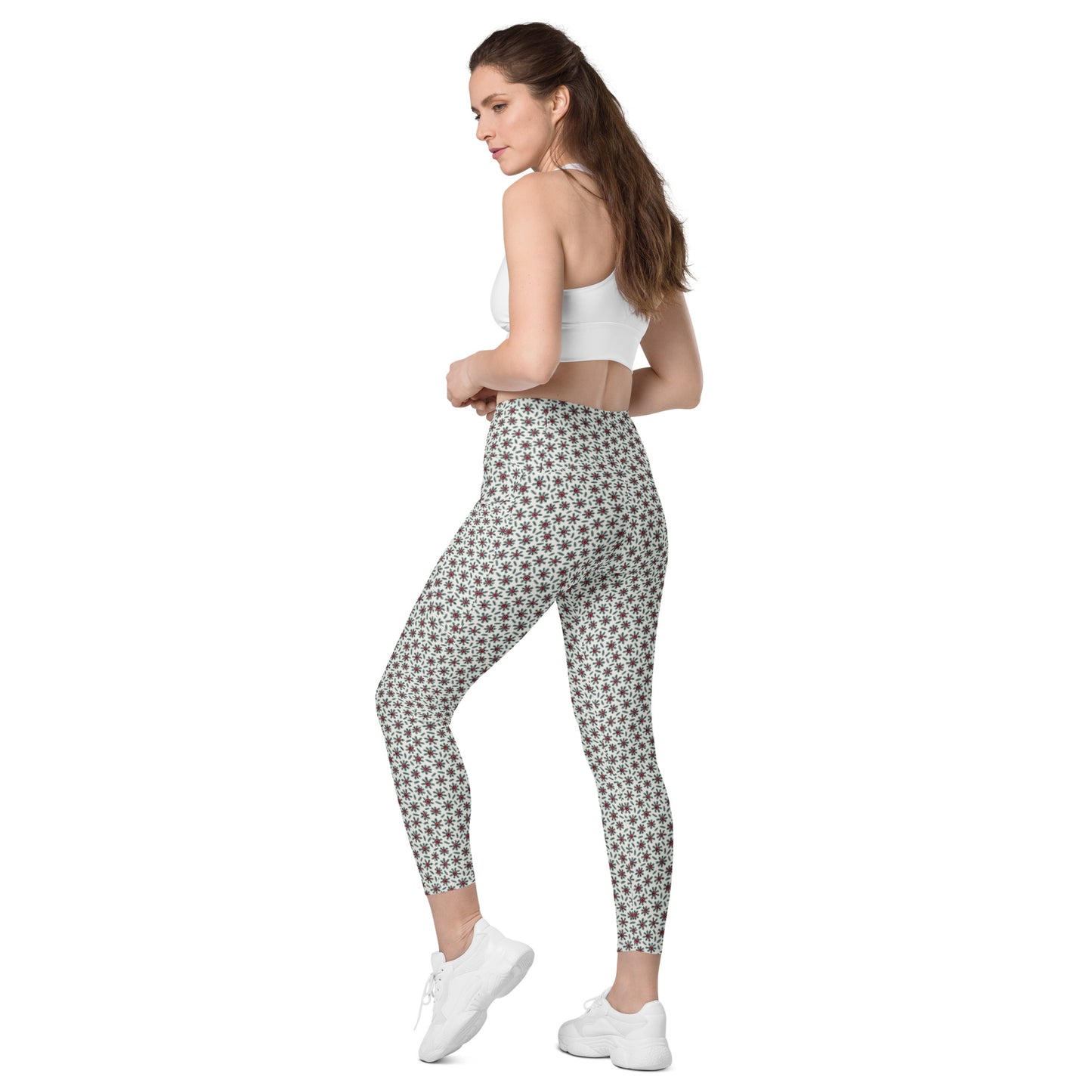 Ditsy Daisy Yoga Leggings with Pockets - Cream