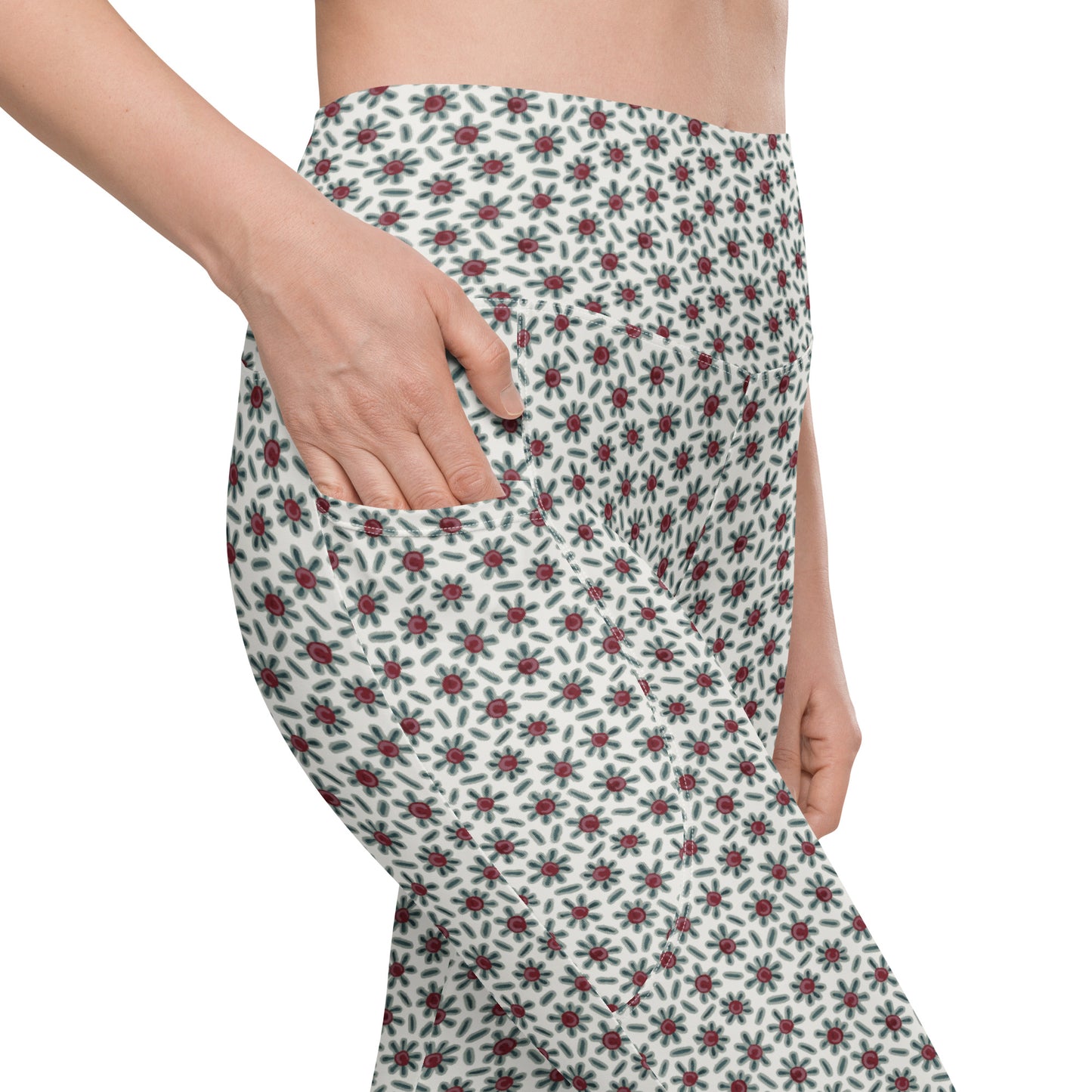 Ditsy Daisy Yoga Leggings with Pockets - Cream